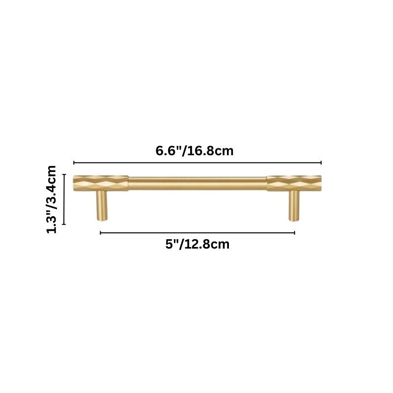 "Dimensions of a large gold faceted brass pull bar with a diamond-cut texture, blending geometric precision with modern luxury."