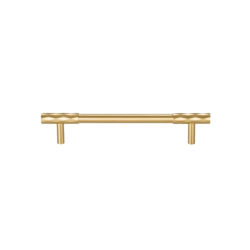 "A luxury gold faceted brass pull bar with a diamond-cut texture, isolated on a white background."