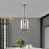 Black metal pendant light with clear glass shade hanging above a modern dining table with plants and white vases.