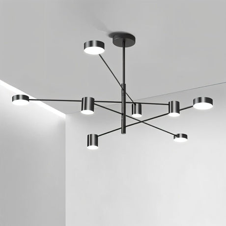 "A black chandelier with multiple arms extending in different directions, each with a small, round light at the end, shown installed on a white ceiling."