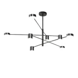 "A black chandelier with multiple arms extending in different directions, each with a small, round light at the end, shown against a white background."