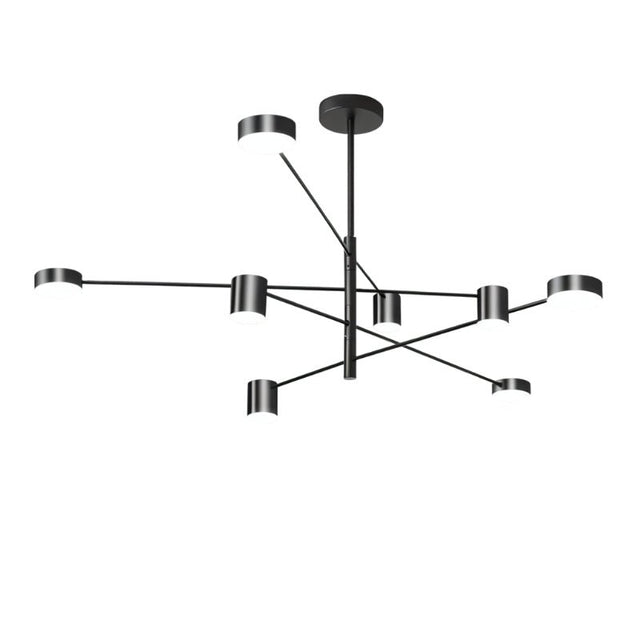 "A black chandelier with multiple arms extending in different directions, each with a small, round light at the end, shown against a white background."