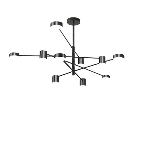"A black chandelier with multiple arms extending in different directions, each with a small, round light at the end, shown against a white background."