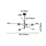 "A black chandelier with multiple arms extending in different directions, each with a small, round light at the end, shown against a white background with dimension measurements."