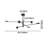 "A black chandelier with multiple arms extending in different directions, each with a small, round light at the end, shown against a white background with dimension measurements."