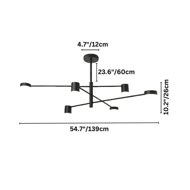 "A black chandelier with multiple arms extending in different directions, each with a small, round light at the end, shown against a white background with dimension measurements."