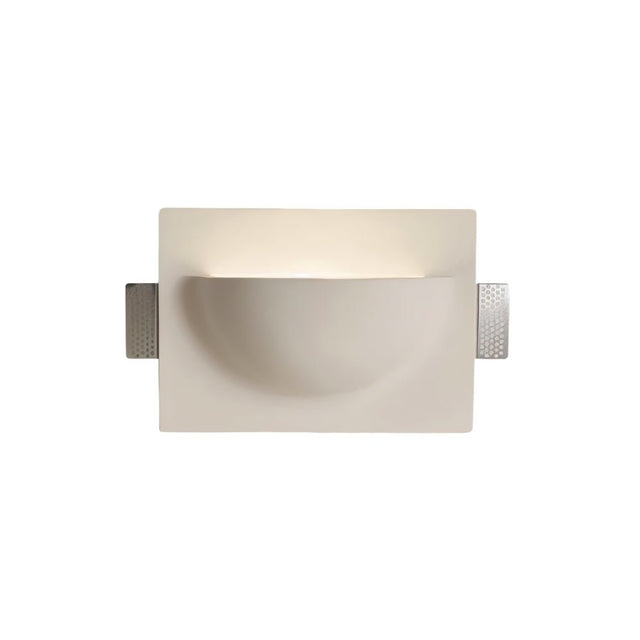 "Sleek, minimalist, half-moon shaped trimless light made of gypsum and metal, designed for seamless integration into walls or ceilings, providing a soft, ambient glow for modern interiors."