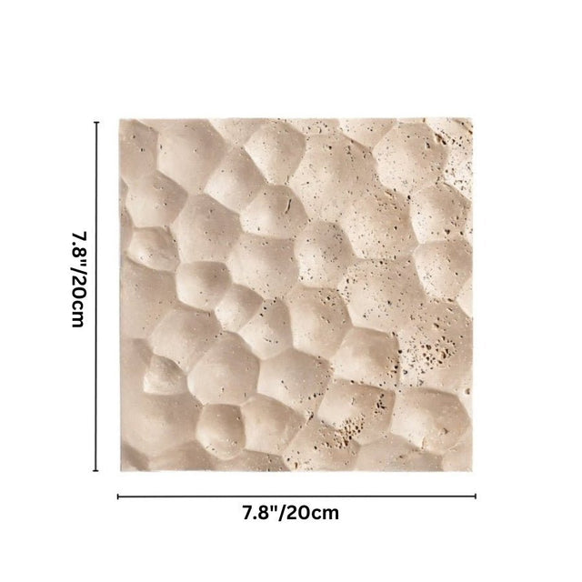 "A square travertine wall lamp with a textured hexagonal surface, isolated on a white background with dimensions 7.8 inches by 7.8 inches."