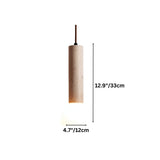 "Cylindrical travertine pendant light with a frosted glass diffuser, labeled with dimensions: 12.9 inches height and 4.7 inches width."