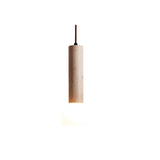 "Cylindrical travertine pendant light with a frosted glass diffuser, isolated on a white background."