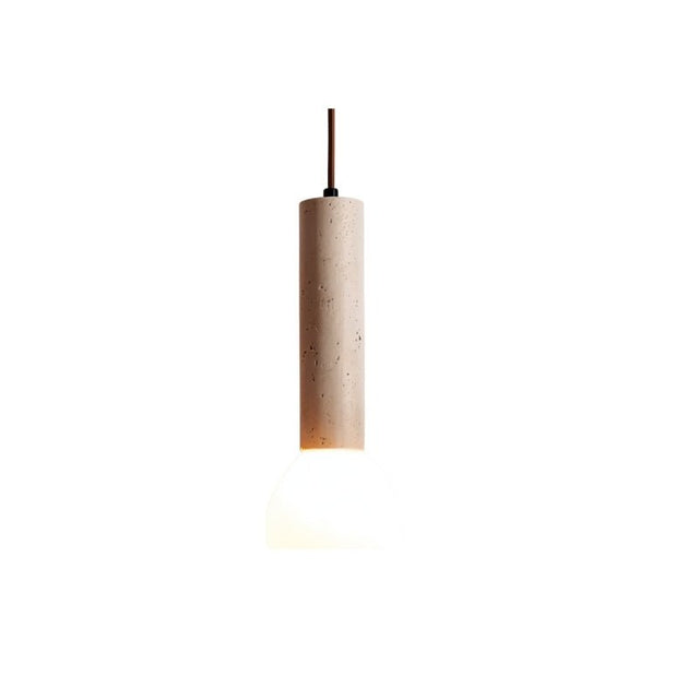 "Cylindrical travertine pendant light with a frosted glass diffuser, isolated on a white background."