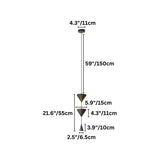 "Dimensions of a modern pendant light with stacked conical shades, made of aluminum and acrylic."