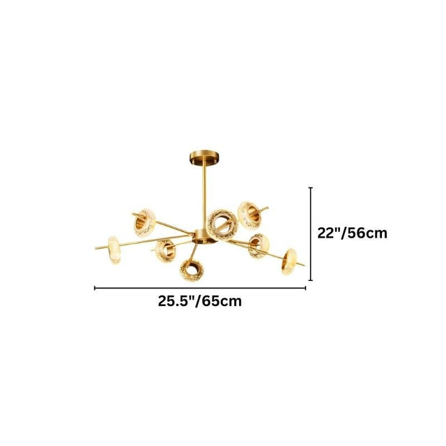 "A modern chandelier with circular glass accents and a gold metal frame, showing dimensions of 22 inches in height and 25.5 inches in length."