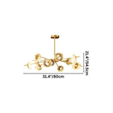 "A modern chandelier with circular glass accents and a gold metal frame, showing dimensions of 21.4 inches in height and 31.4 inches in length."