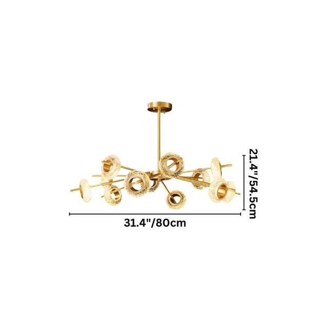 "A modern chandelier with circular glass accents and a gold metal frame, showing dimensions of 21.4 inches in height and 31.4 inches in length."
