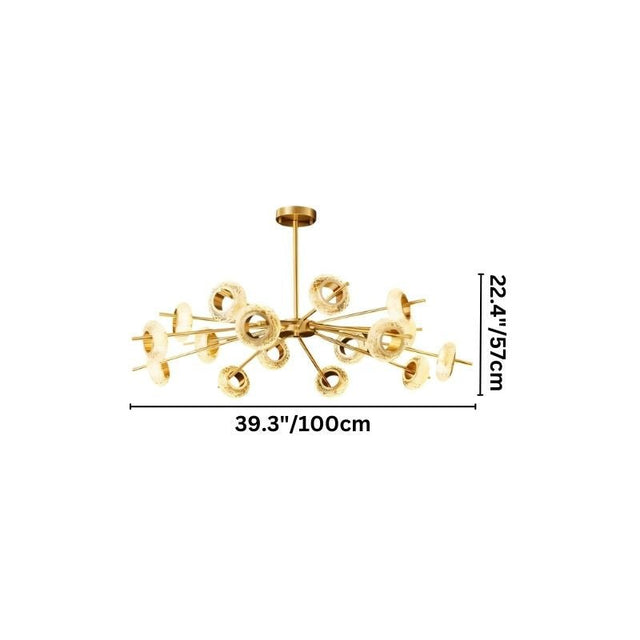 "A modern chandelier with circular glass accents and a gold metal frame, showing dimensions of 22.4 inches in height and 39.3 inches in length."