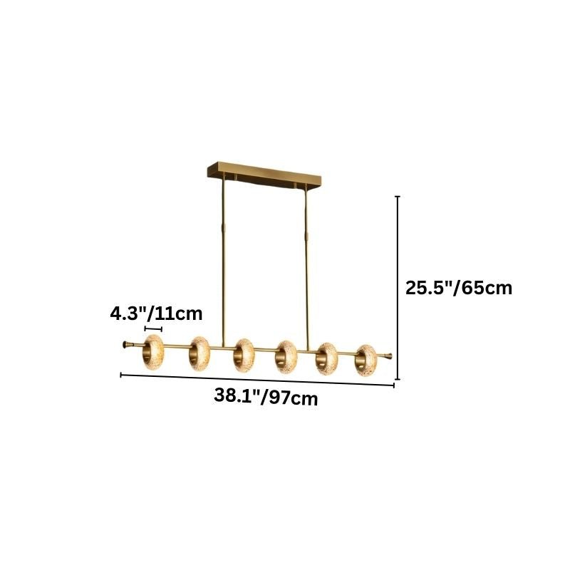 "A modern linear chandelier with circular glass accents and a gold metal frame, showing dimensions of 4.3 inches, 25.5 inches, and 38.1 inches."