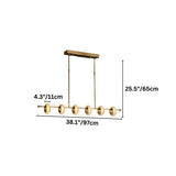 "A modern linear chandelier with circular glass accents and a gold metal frame, showing dimensions of 4.3 inches, 25.5 inches, and 38.1 inches."