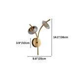 "A modern wall lamp with two glass shades and a gold metal frame, showing dimensions of 14.1 inches, 3.9 inches, and 9.8 inches."