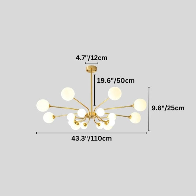 "A gold chandelier with multiple frosted glass globes, shown against a gray background with dimension measurements."