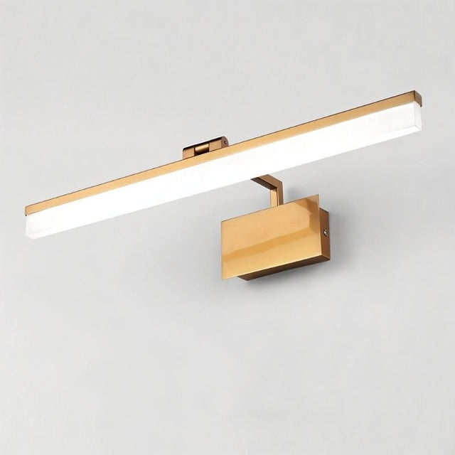 "A brushed gold LED vanity light with a sleek, linear design and adjustable arm."