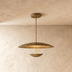 Modern pendant light fixture with tiered disc shades and metal pipe, shown against white background.