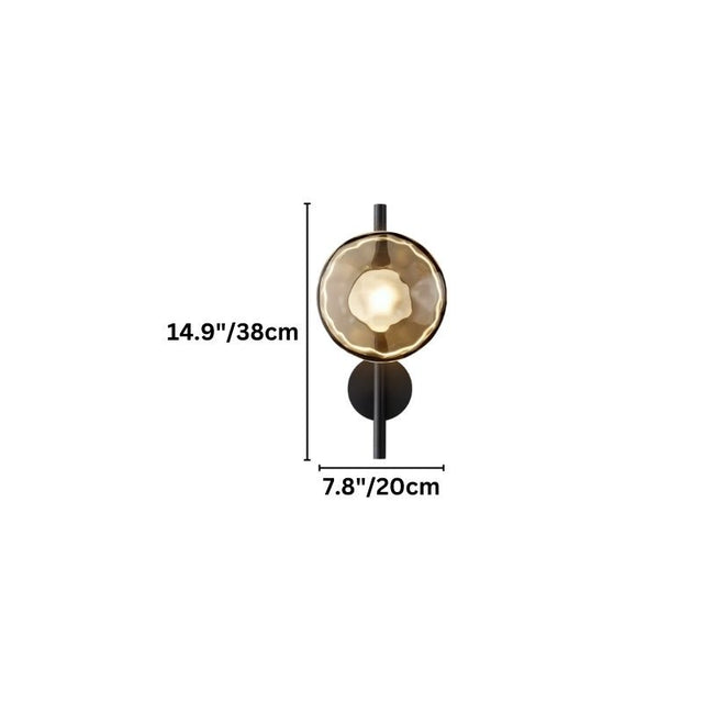 "Dimensions of a modern wall lamp with two glass shades and a vertical metal rod."