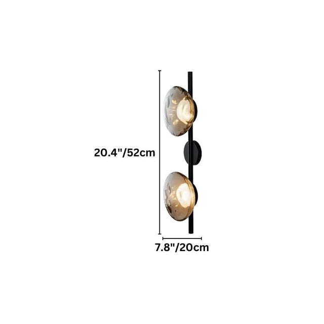 "Dimensions of a modern wall lamp with two smoked glass shades and a black vertical rod."