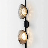 "Modern wall lamp with two smoked glass shades and a black vertical rod."