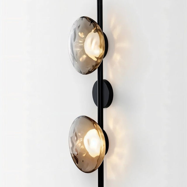 "Modern wall lamp with two smoked glass shades and a black vertical rod."