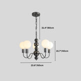 "Dimensions of a modern sculptural chandelier with a black iron frame, five curved arms, and frosted glass globes: 31.4 inches in height, 15.7 inches in width, and 23.6 inches in diameter."