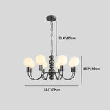 "Dimensions of a modern sculptural chandelier with a black iron frame, six curved arms, and frosted glass globes: 31.4 inches in height, 15.7 inches in width, and 31.1 inches in diameter."