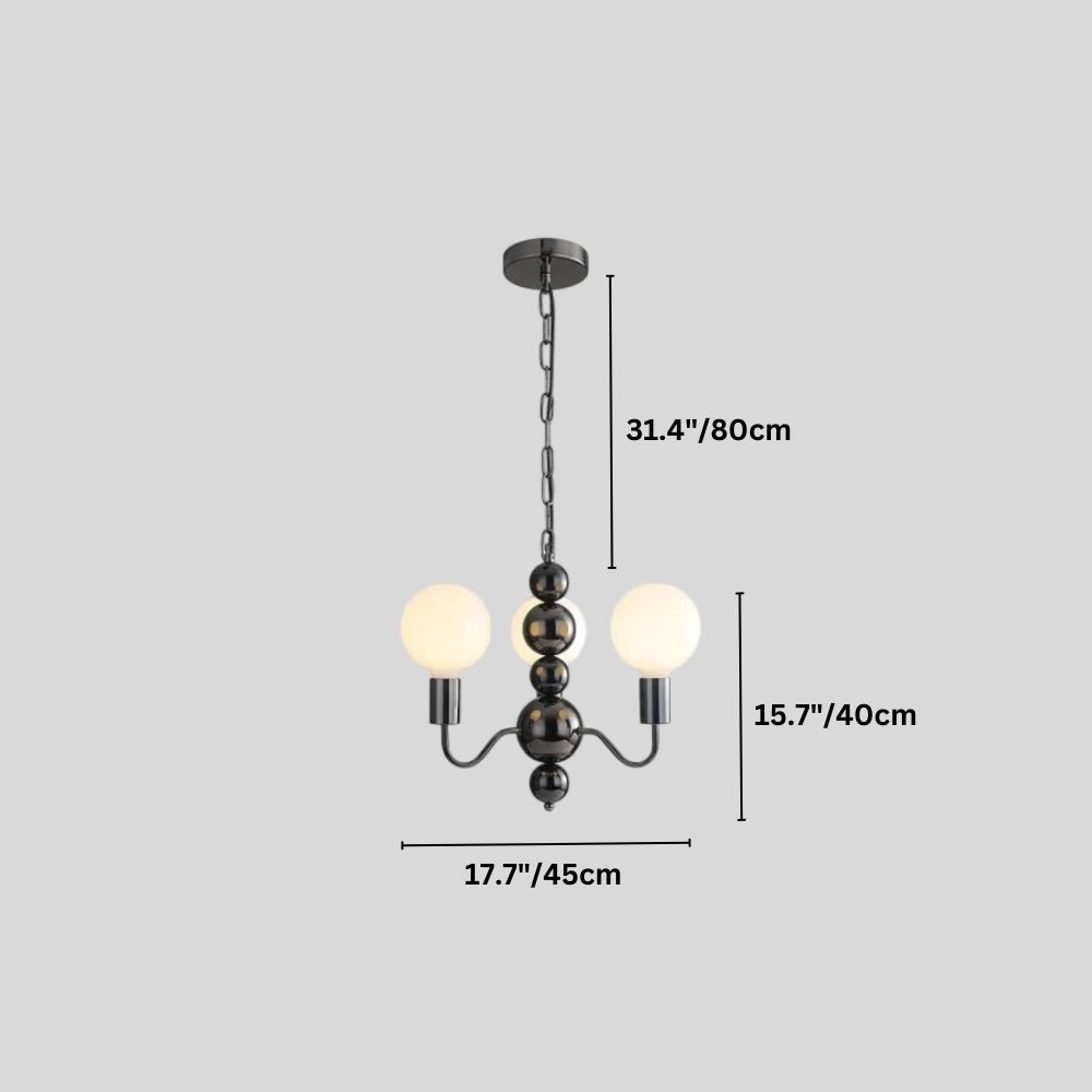 "Dimensions of a modern sculptural chandelier with a black iron frame, three curved arms, and frosted glass globes: 31.4 inches in height, 15.7 inches in width, and 17.7 inches in diameter."