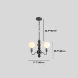 "Dimensions of a modern sculptural chandelier with a black iron frame, three curved arms, and frosted glass globes: 31.4 inches in height, 15.7 inches in width, and 17.7 inches in diameter."