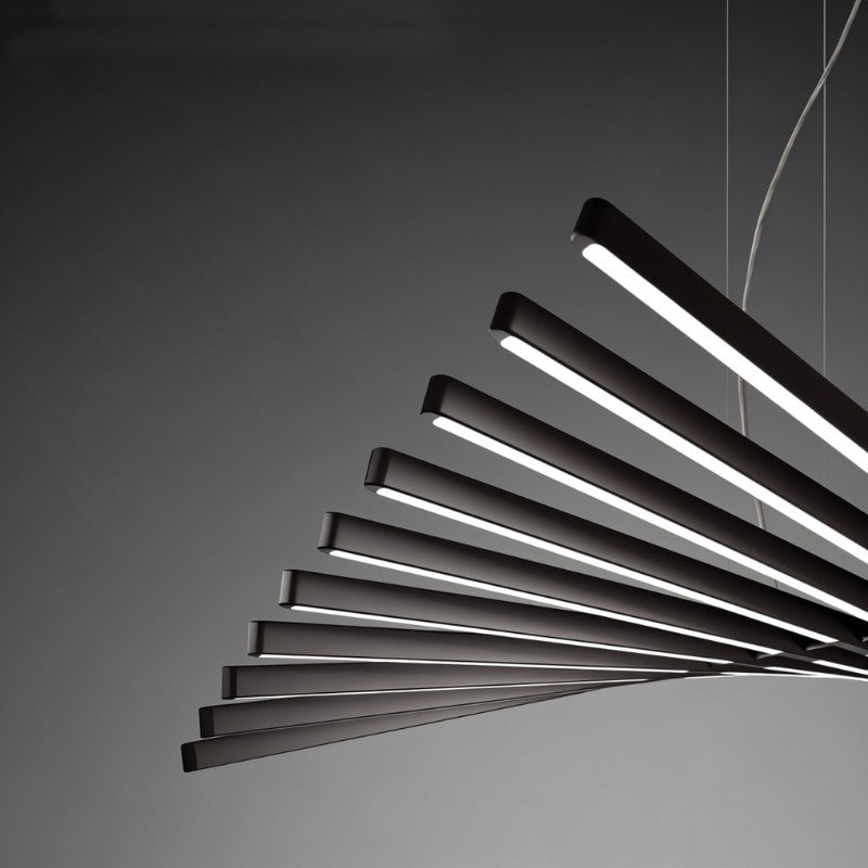 Close-up of Waves Chandelier - Open Box showing sleek metallic bars with integrated LEDs, offering ambient lighting for contemporary interiors.