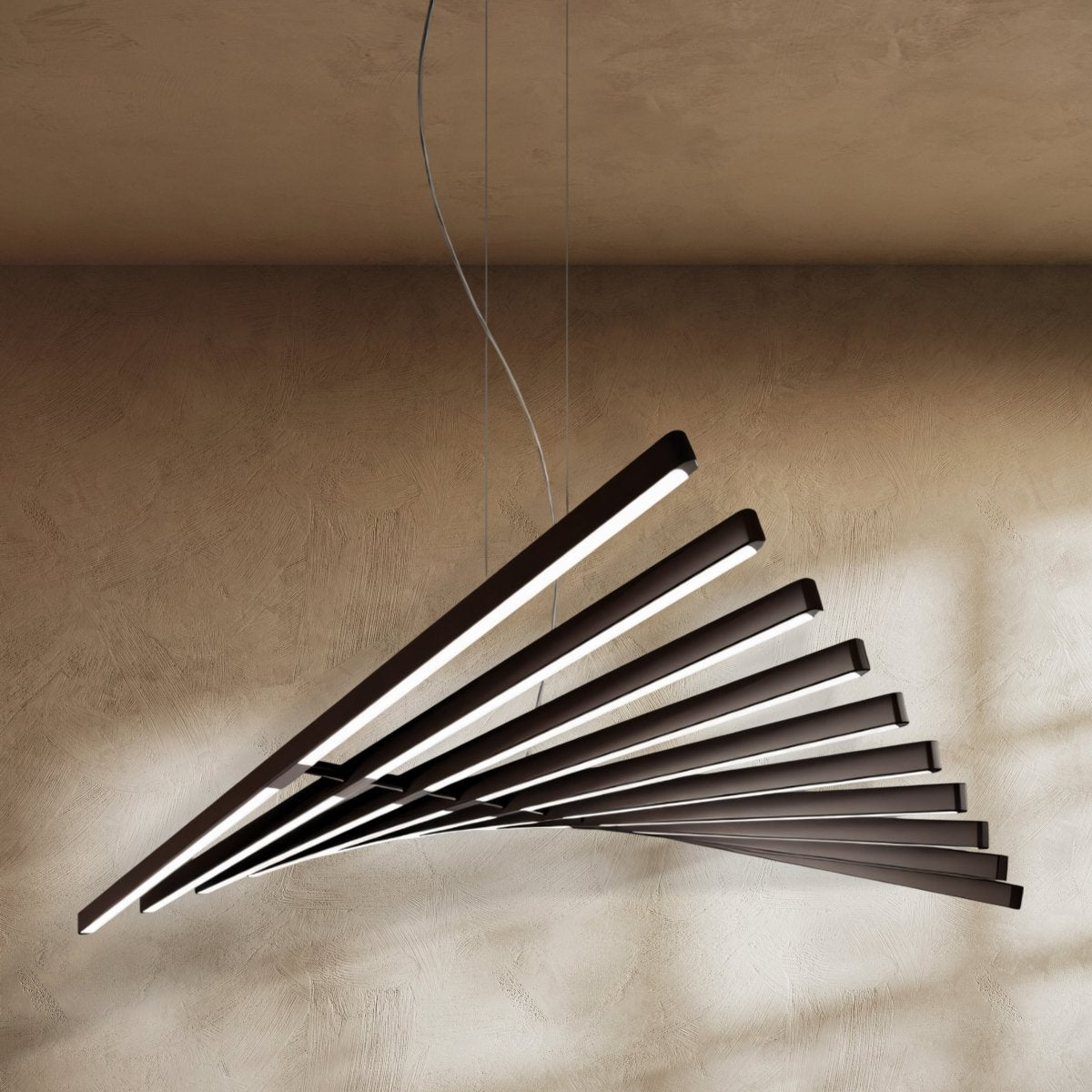 Waves Chandelier - Open Box with rotating LED bars in a spiral layout, mounted in a minimalist beige-toned interior. Ideal for modern living spaces.