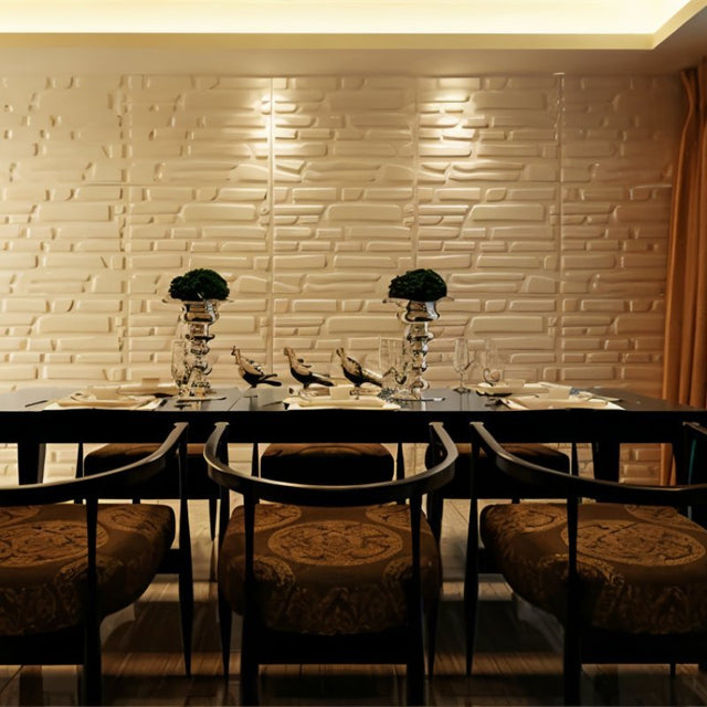 Wenar Wall Panel installed in a modern dining room, showcasing its 3D PVC texture and elegant wall decor design.