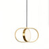 Brass pendant light with oval frame and frosted glass cylinder suspended by black cord against white background.