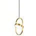 Gold pendant light with geometric oval frame and curved band accent, suspended by black cord against white background.
