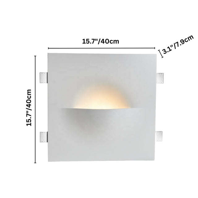 "Wiane trimless wall light with dimensions labeled: 15.7 inches length, 15.7 inches width, and 3.1 inches depth."