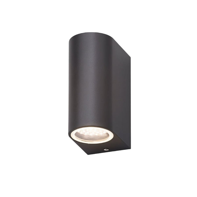 "Angled view of a modern outdoor wall lamp with a dark aluminum body and glass diffuser, showing its compact design."
