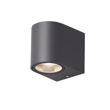 "Modern outdoor wall lamp with a dark aluminum body and glass diffuser, isolated on a white background."