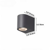 "Dimensions of a modern outdoor wall lamp with a dark aluminum body and glass diffuser: 3.6 inches in width, 3.1 inches in height, and 2.6 inches in depth."
