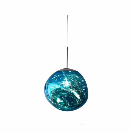 Turquoise blown glass pendant light with organic swirled surface suspended from black cord against white background.