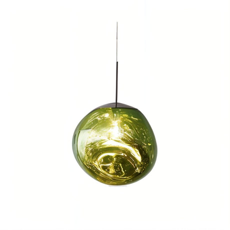 Green glass pendant light with black cord hanging against white background.