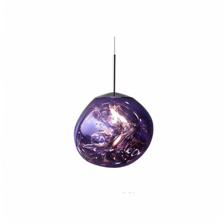 Purple glass spherical pendant light with textured surface and black cord against white background.