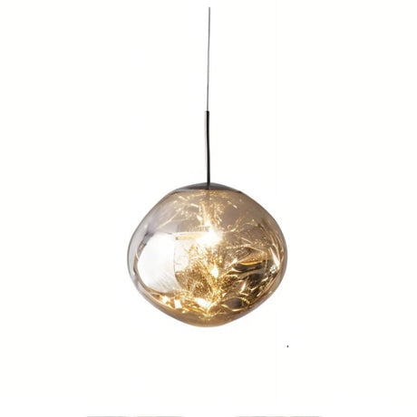Pendant light with crumpled amber glass globe and black metal stem on white background.