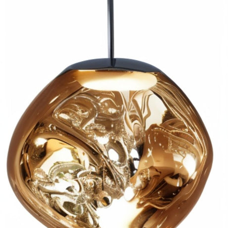 Gold crumpled pendant light with organic textured surface and black cord suspension on white background.