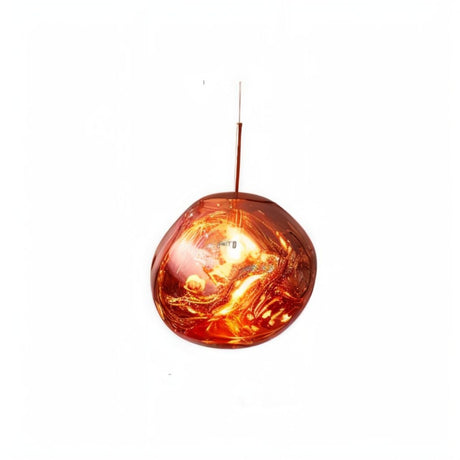 Red glass spherical pendant light with amber interior illumination against a white background.