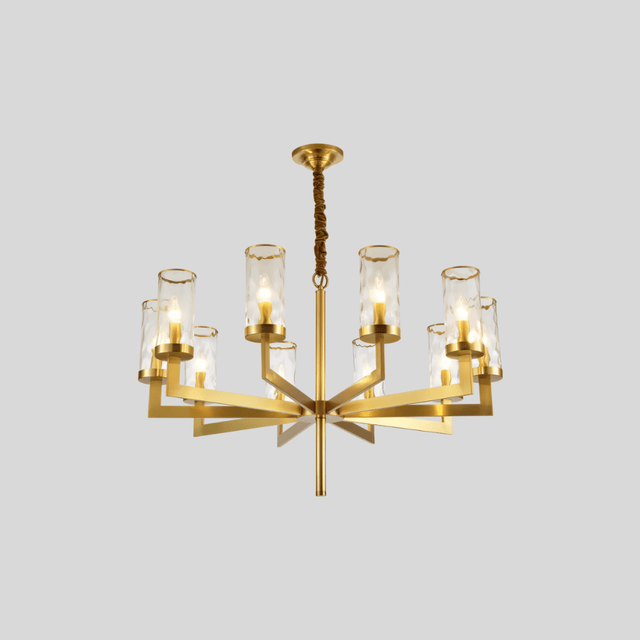 Wynlo Chandelier – 10-light modern copper chandelier with geometric design and glass shades for stylish living spaces.
